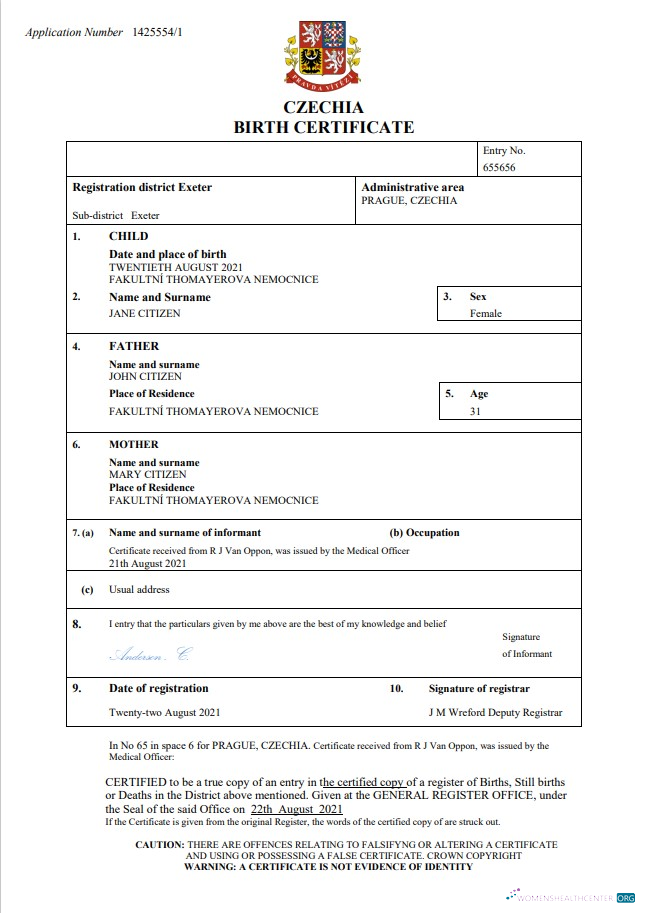 Download Czechia vital record birth certificate Word and PDF template Photoshop template